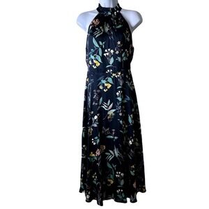 Banana Republic Women Floral Halter Midi Dress Navy Blue Size 4 Silky Event